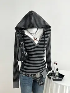 American Street Style Striped Hooded Top for Daily, Trendy Casual Slim Fit Wear
