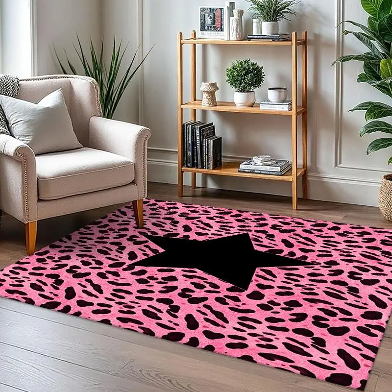 Pink Leopard Print Black Star Area Rug Non Slip Y2K Cute Girly Style Carpet for Teen Girl Bedroom Dorm Makeup Room Decor