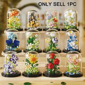 Flower Building Blocks Set, 1 Set Creative Building Block Brick 3D Flower Blocks Building Toy with Dust Cover, Home & Office Desktop Ornaments, Perfect Gift for Birthday, Rose Building Blocks, Building Block Model