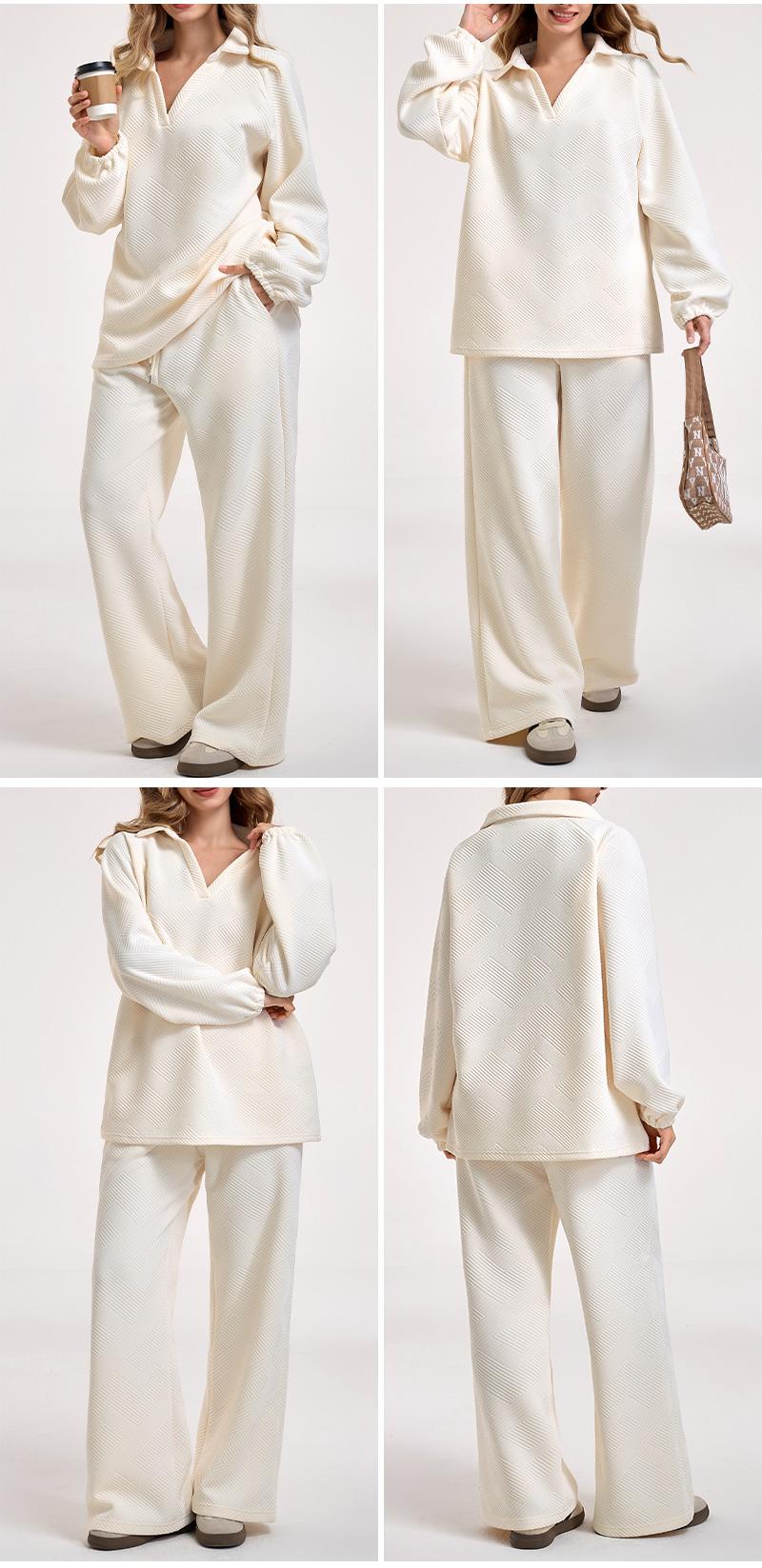 Cozy 2 Piece Jacquard Loungewear Set for Women Oversized V Neck Top & Wide Leg Pants Casual Comfy Sweatsuit for Daily Wear Cozy 2 Piece Jacquard Loungewear Set for Women Oversized V Neck Top & Wide Leg Pants Casual Comfy Sweatsuit for Daily Wear