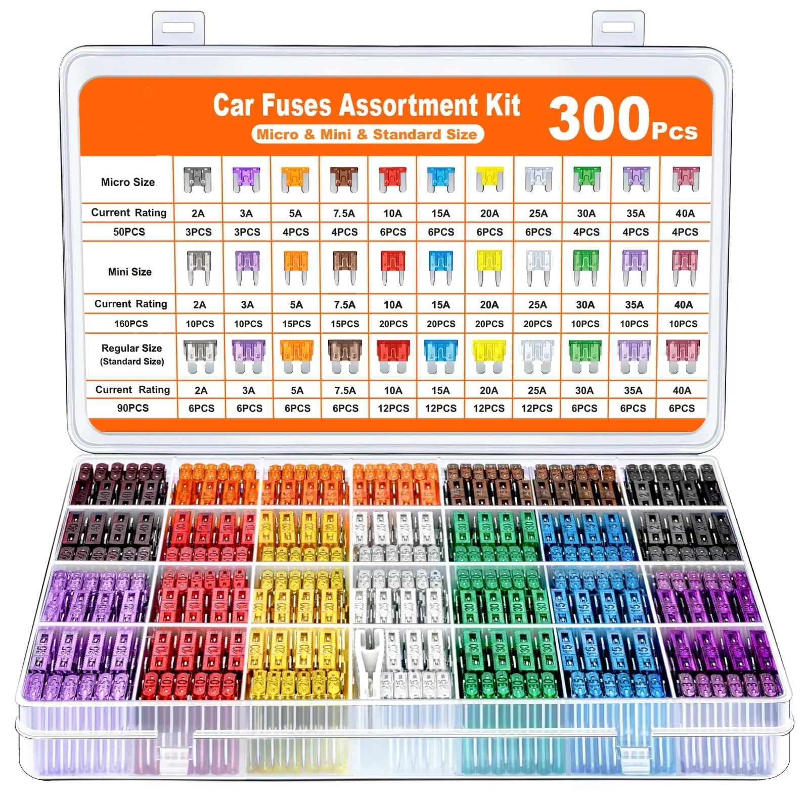 300Pcs Car Fuse Assortment Kit - 160 Mini Blade Fuses, 50 Micro Fuse, 1 Puller for 2Amp to 40A Fuses Car Power Inverter Car Smart Display, Car Accessories, Auto Parts Accessories, Variety Pack Car Fuse Box Set Car Fuse Replacement