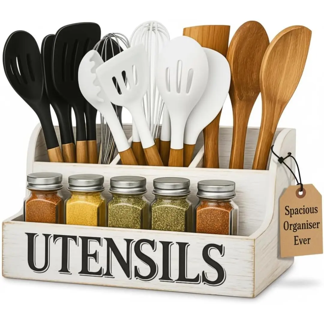 Kitchen Utensils Holder 4 Compartments,Wood Utensil Organizer for Kitchen Countertop,Farmhouse Cooking Utensil Holder with Spice Storage space (Black)