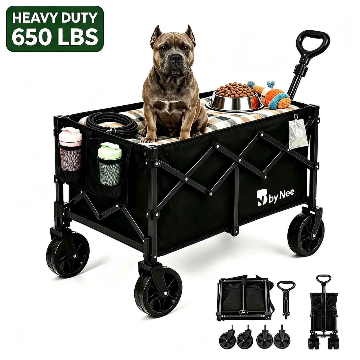 Heavy Duty Foldable Beach Wagon Cart 650LBS/450LBS Capacity, All Terrain Collapsible Wagon with Big Wheels, Large Utility Wagon for Camping, Garden, Grocery Shopping, Sports & Outdoor Use, Carbon Steel Frame, Reinforced Handle, Folding Wagon Cart, Black