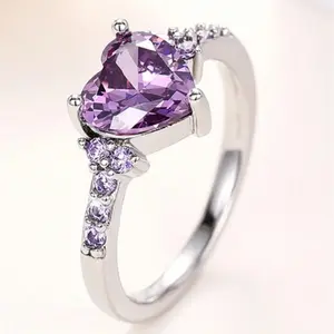 White gold plated women's ring, amethyst stone, fashion heart shaped jewelry for women, Valentine's Day, gift for best friend on Valentine's Day, Mother's Day