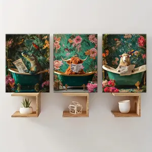 Wooden Framed Canvas Painting, 3 Counts/set Tropical Rainforest Background Animal Reading Newspapers Wall Art, Wall Decor for Home Living Room Bedroom Office, Poster