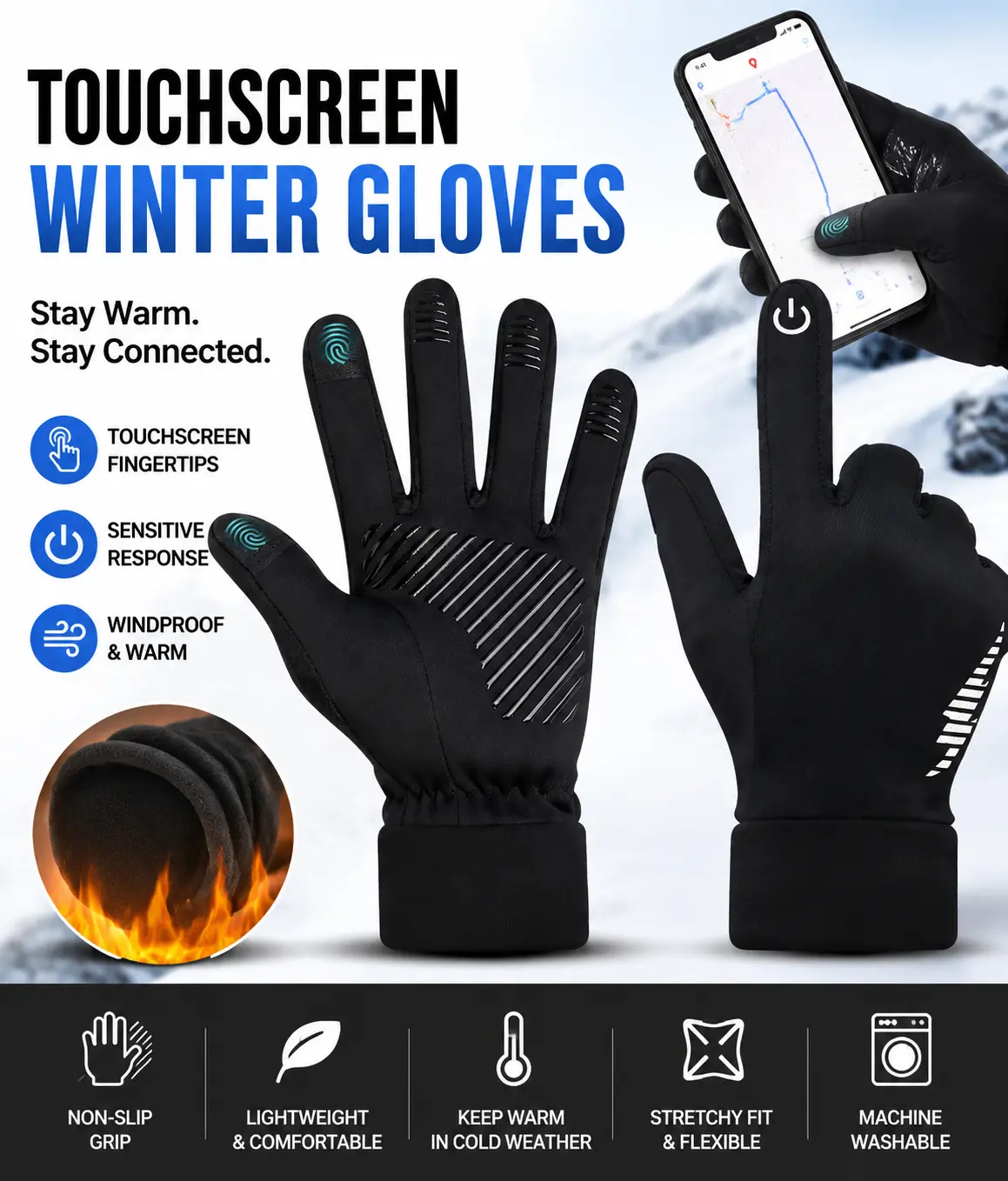 Touchscreen Winter Gloves, Windproof Thermal Gloves for Men & Women, Warm Cold Weather Gloves with Sensitive Touchscreen Fingers, Non-Slip Sports Gloves for Cycling, Running, Skiing, Hiking and Work
