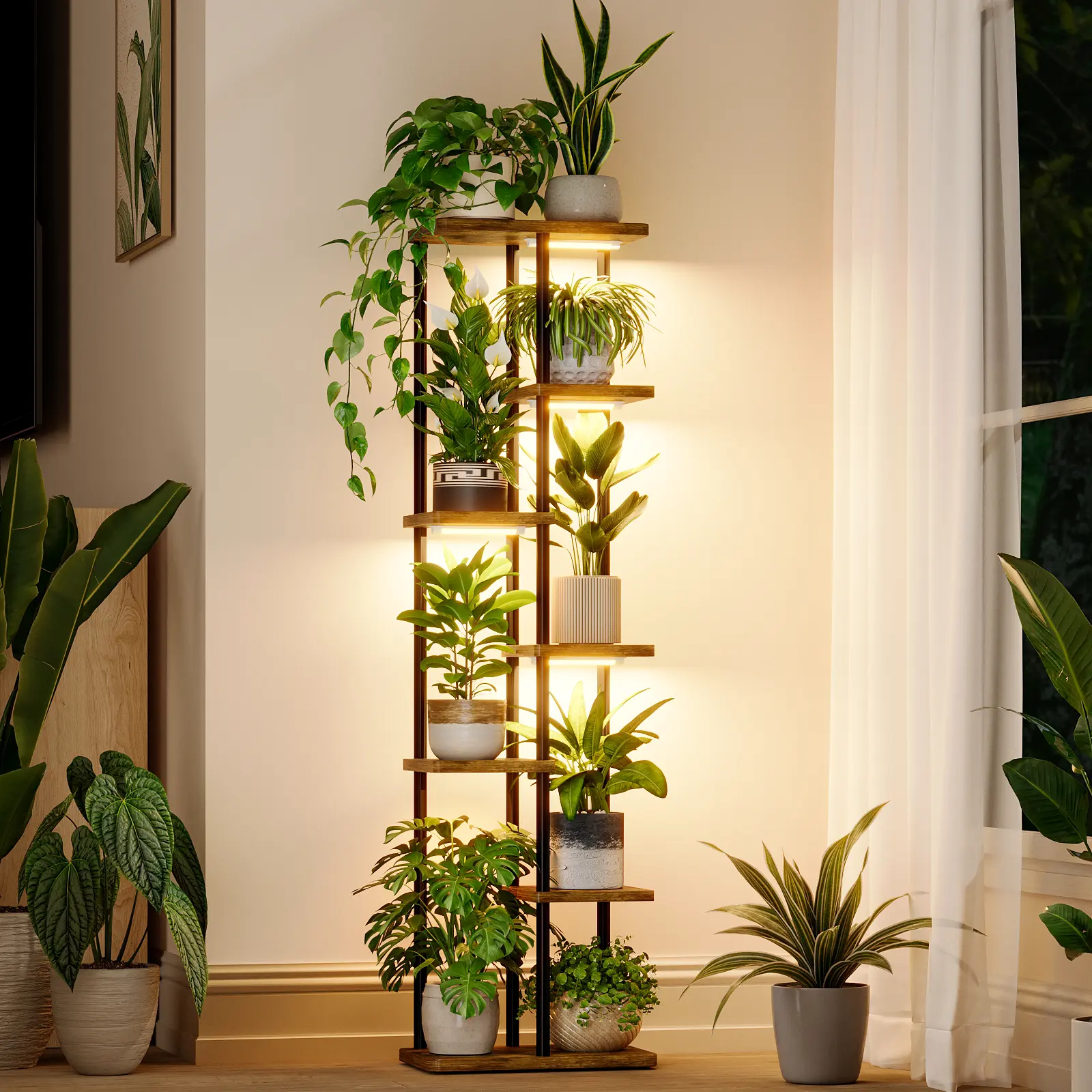 Bamworld Plant Stand with Grow Light for Indoor Plants Corner 7 Tier Metal Plant Shelf Wood Flower Stand for Home Living Room Decor Patio Decor Pot Plant Stand Plant Rack Plant Stand With Lights Plant Tower