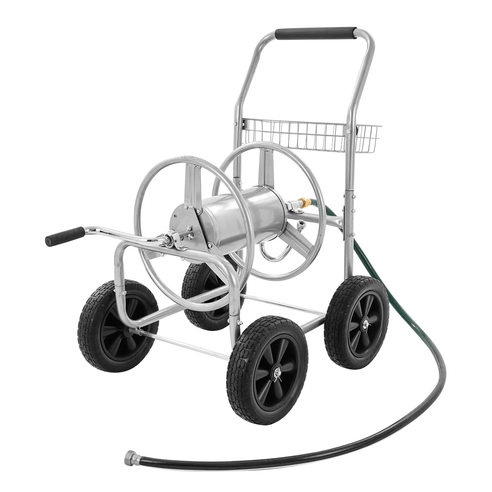 【Summerfinds】VEVOR Heavy-Duty Powder-Coated Steel Frame Hose Reel Cart - 300 ft/5/8 in Capacity, 4 Solid PU Wheels Mobile Cart, Storage Basket, Brass Components for Cleaning & Watering Systems