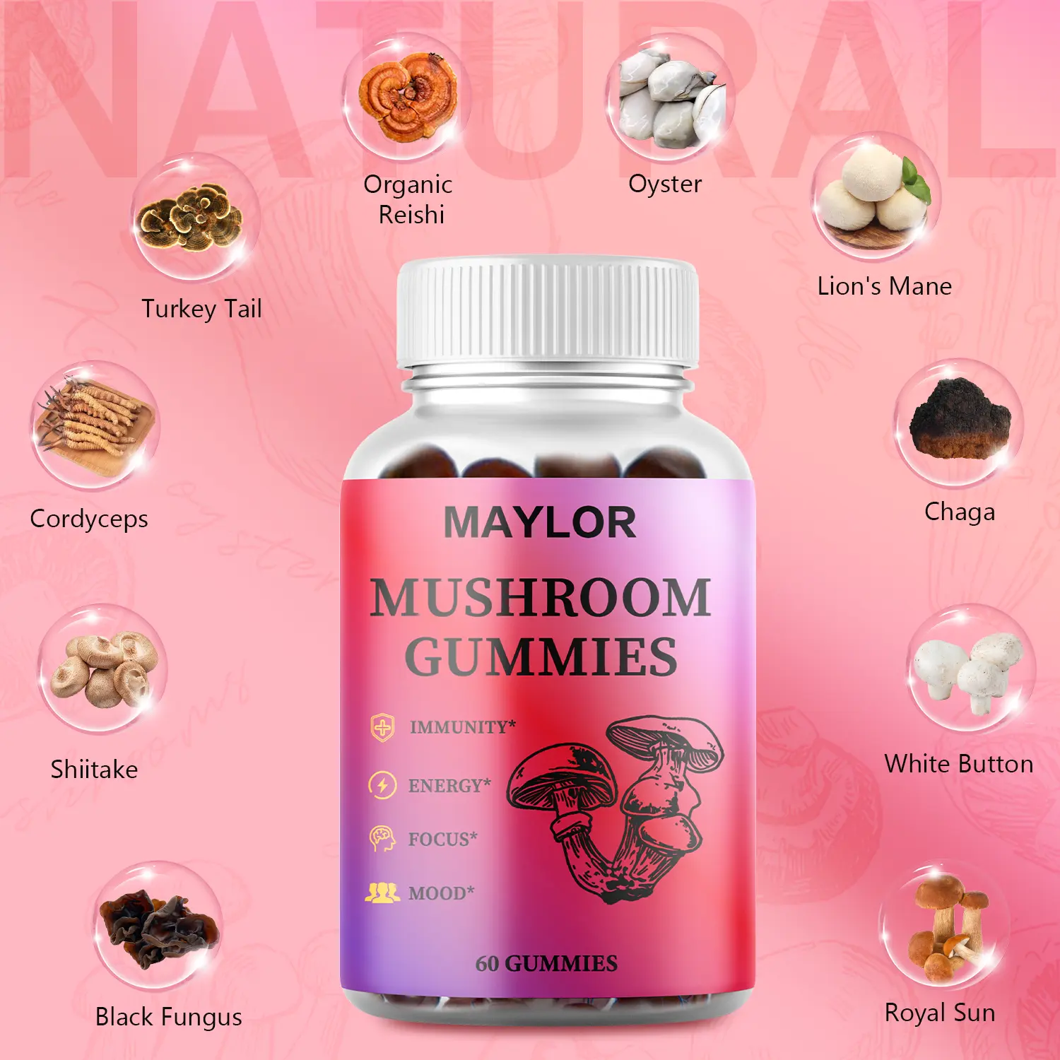 MAYLOR 12-in-1 Organic Natural Mushroom Supplement Gummies - Raspberry Flavor, Lions Mane, Turkey Tail, Reishi, Cordyceps, Immune Boosters, Energy Support - Non-GMO, 60-Count Chewable Dietary Supplement