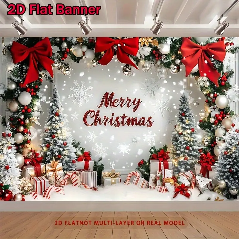 1pc Durable Polyester 2D Flat Christmas Banner, Christmas Decor Festive Holiday Wall Decoration Backdrop with Snowflakes, Bows, Gift Boxes for Home, Party Supplies
