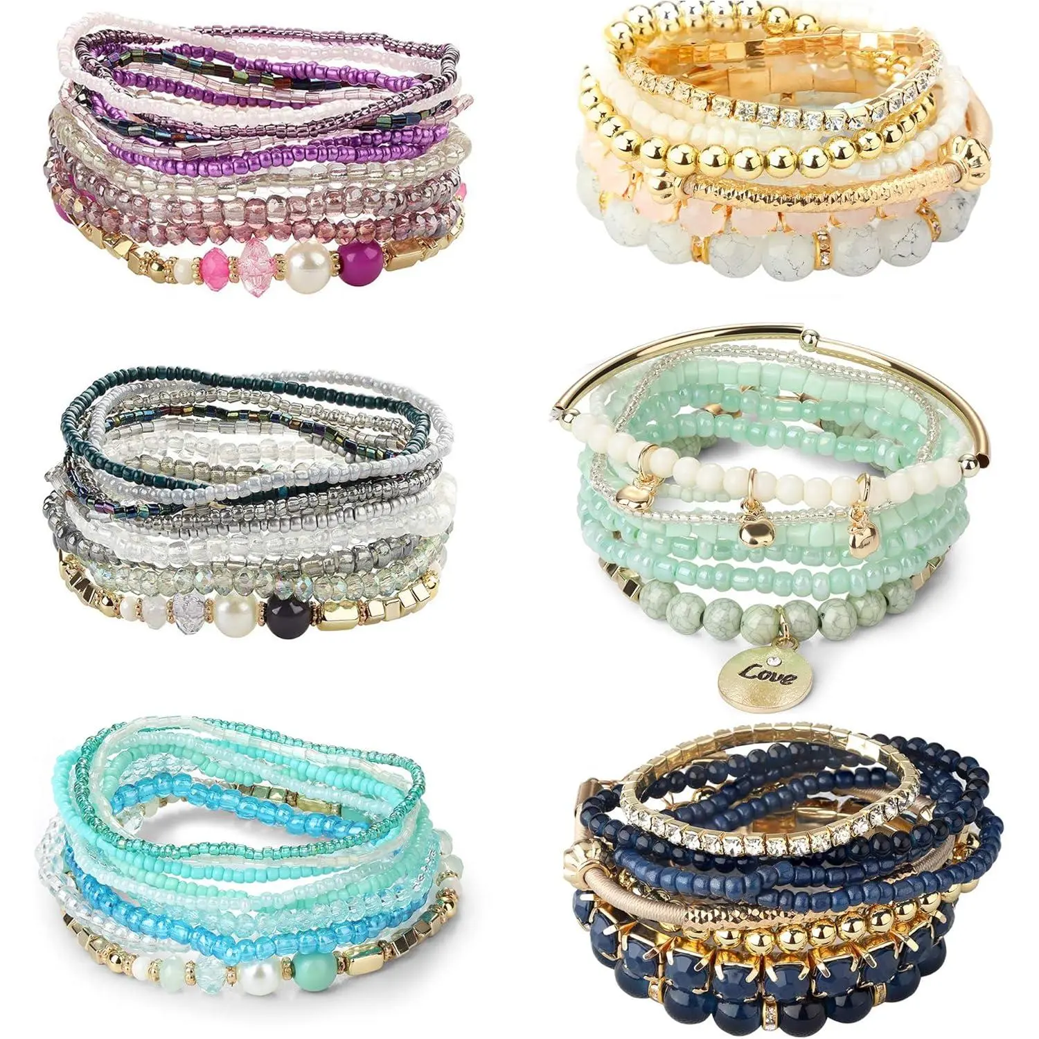 Loyallook Women's 6-Set Bohemian Stackable Bead Bracelets, Stretch Multilayered Bohemian Bangle Bracelets Set