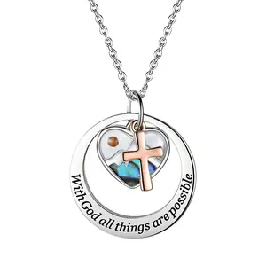 OIDEA Women's Mustard Seed Cross Necklace, Abalone Shell Layered Charm Pendant Engraved "With God All Things Are Possible", Stainless Steel Silver-Tone Christian Inspirational Gift, 5 Cards + 1 Balloon, Mother's Birthday Gift Idea, Charm Necklace