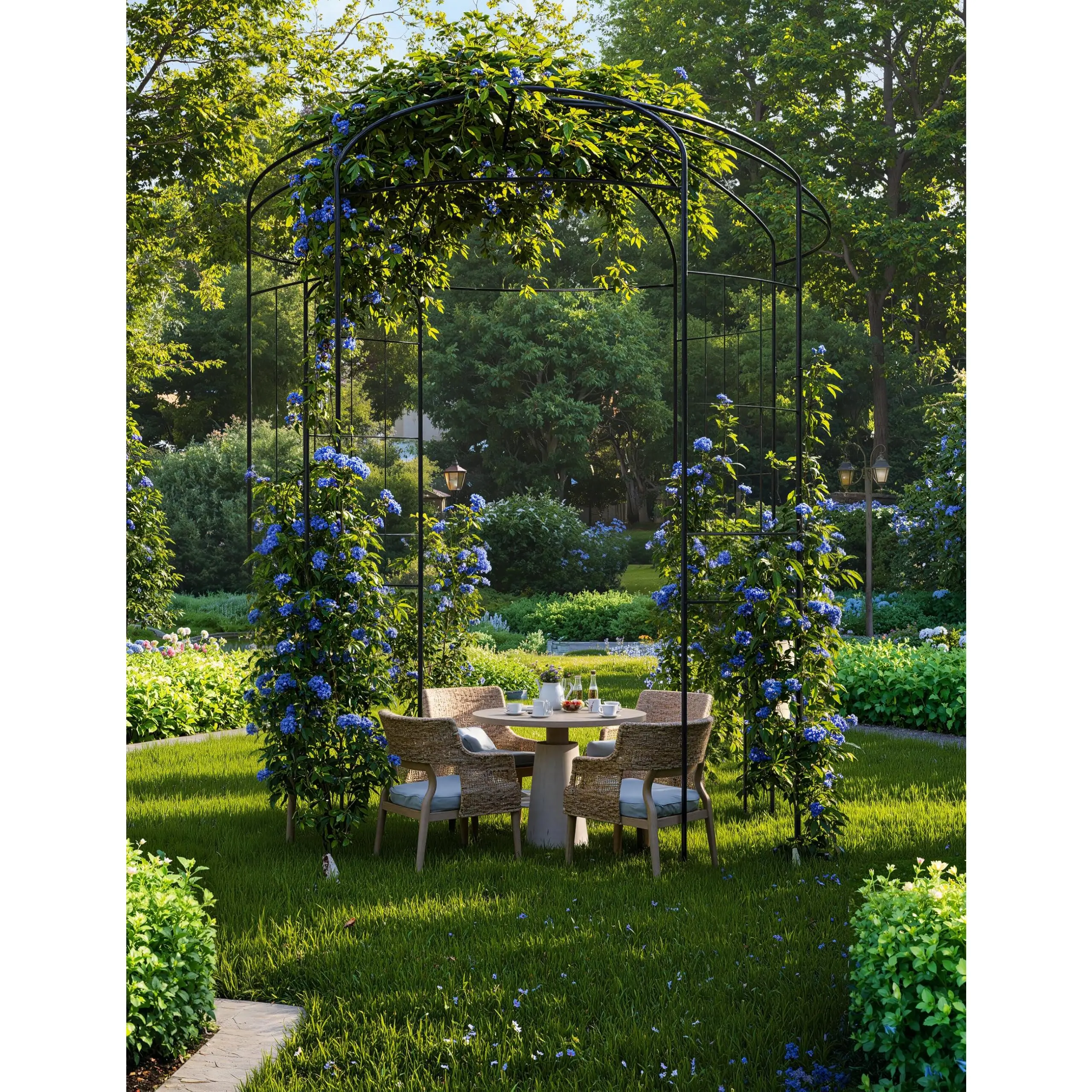 Heavy Duty Wrought Iron Garden Arbor Arch - Black Metal Birdcage Silhouette Trellis with Durability, 8.8ft Abundant Support for Climbing Plants, All Seasons Patio Backyard Decor & Outdoor Wedding Backdrop