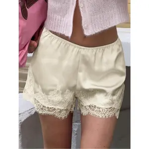 Women’s Summer Satin Shorts Fashion Elastic Waist Lace Hem Wide Leg Lounge Shorts Going Out Pants
