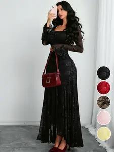 Women's Gothic Dark Square Neck Long Sleeve Mesh Patchwork Elegant Asymmetrical Formal Dress, Stylish and Unique Design for Special Occasions