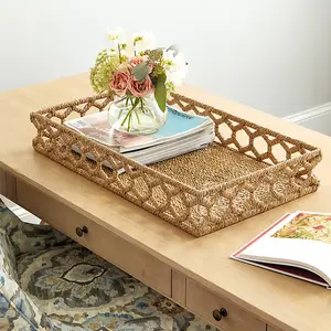 Woven Rattan Serving Tray Rectangle Coffee Table Organizer Decorative