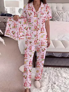 Women's 3-Piece Pajama Set, Cartoon Print, Fitted, All Seasons, Elegant Style, Soft Button-Up Shirt, Elastic Shorts & Pants, Comfortable Home Wear