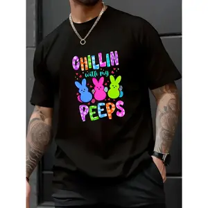 100% Cotton Unisex Chillin with My Peeps Easter Shirts for Women, Easter Bunny Tshirt, Funny Easter Gifts T-Shirt - Men's Easter pattern T-shirt
