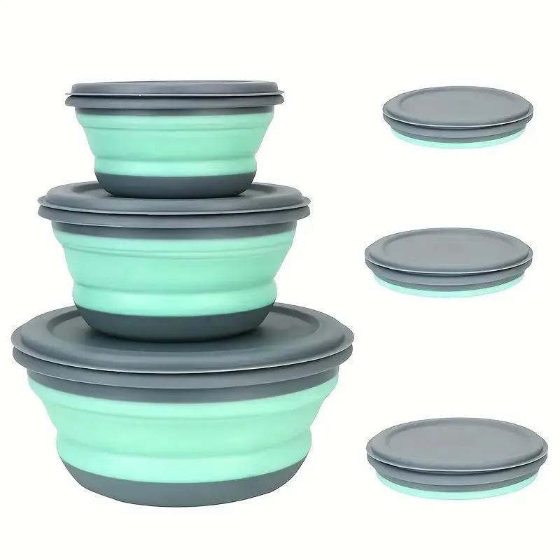 Faridabio 3pcs Silicone Collapsible Bowls Set with Lids - Portable, Leak-Proof Salad Plate for Outdoor Travel, Picnics, Camping Accessories, Camping Kitchenware - Green Expandable Food Bowls, Christmas or Valentine's Day Gift, Utensils, Kitchen