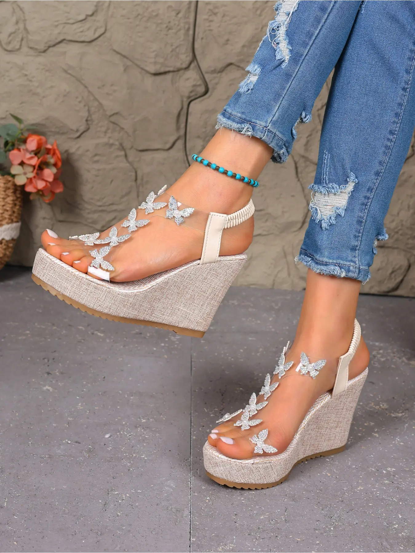New Plus Size Rhinestone Butterfly Wedge Platform Sandals, Transparent Strap Thick Sole Slip-On Summer High Heel Elegant Shoes for Women, Elegant Heeled Sandals