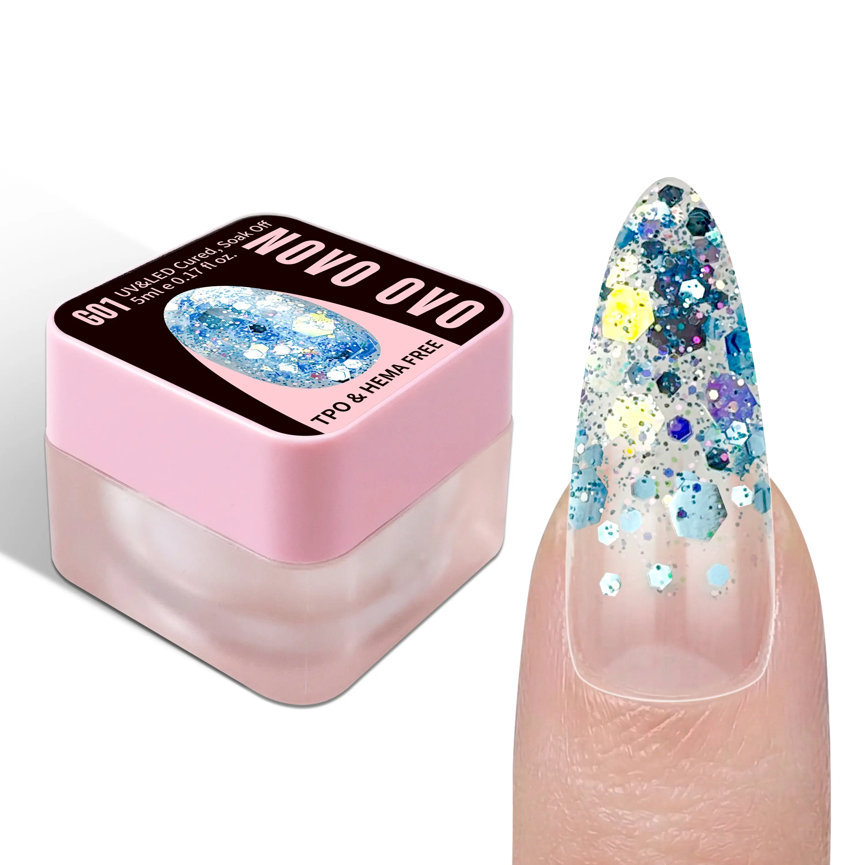 NOVO OVO Chunky Glitter Nail Polish (G01 Oceanic Mist with Blue Holographic Sequins) - Reflective Soak Off UV/LED Cosmetic, HEMA & TPO Free, 5ml Travel Size for Manicure at Home & Easy Nail Art Supplies, Gel Polish, Bling Effect
