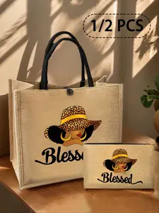 Lightweight Tote Bag, Matching Cosmetic Bag, Summer Bags - Made Of Waterproof, Easy-To-Clean Fabric, Featuring A Hat And Multiple Pockets, This Large-Capacity Linen Tote Is Perfect For Shopping, Travel, Beach Vacations