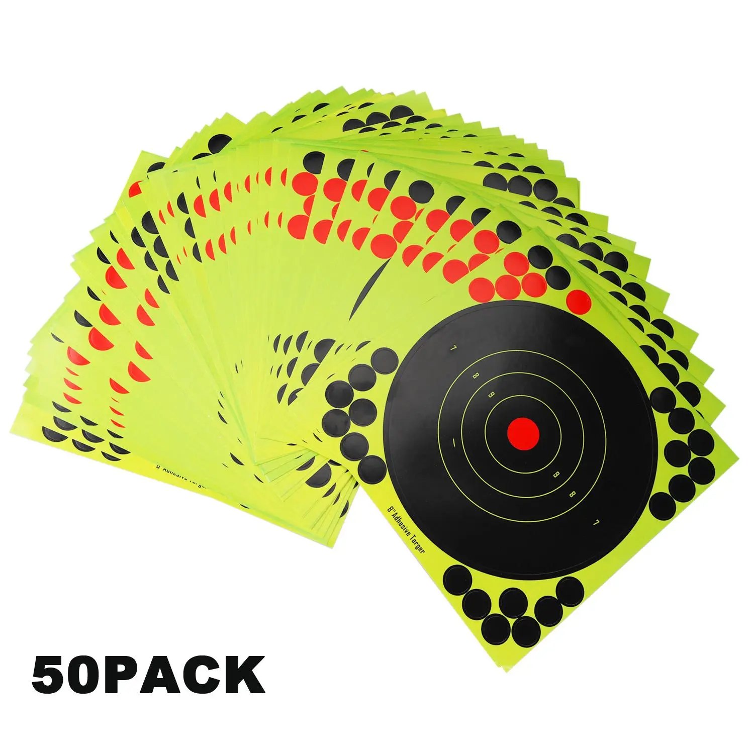 8-Inch Bullseye Shooting Targets, 50-Pack Self-Adhesive Stickers for Outdoor Training, Sports Day & Archery Practice, 50 Targets Per Pack, Indoor/Outdoor, Self-Adhesive Backs Save Setup Time