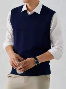 Men’s V-neck knit vest — spring/autumn business casual sleeveless vest, solid color basic layerable sweater vest