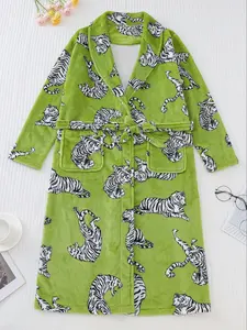 Women's Fleece Flannel Sleepwear Set, Soft Warm Pajamas for Winter & Casual Wear, Stylish Tiger Pattern Print Design Robe Loungewear