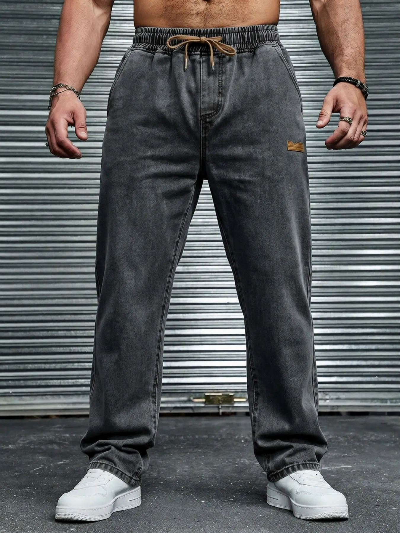 Men's drawstring elastic waist straight-leg jeans, Plain Denim Trousers, non-stretchy denim long pants, comfortable straight-leg Fitted fit, suitable for daily casual wear, a must-have trendy men's long pants 🔥