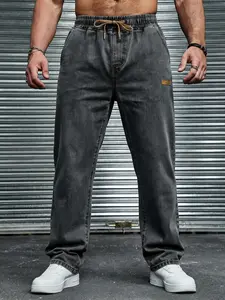 Men's drawstring elastic waist straight-leg jeans, non-stretchy denim long pants, comfortable straight-leg fit, suitable for daily casual wear, a must-have trendy men's long pants 🔥