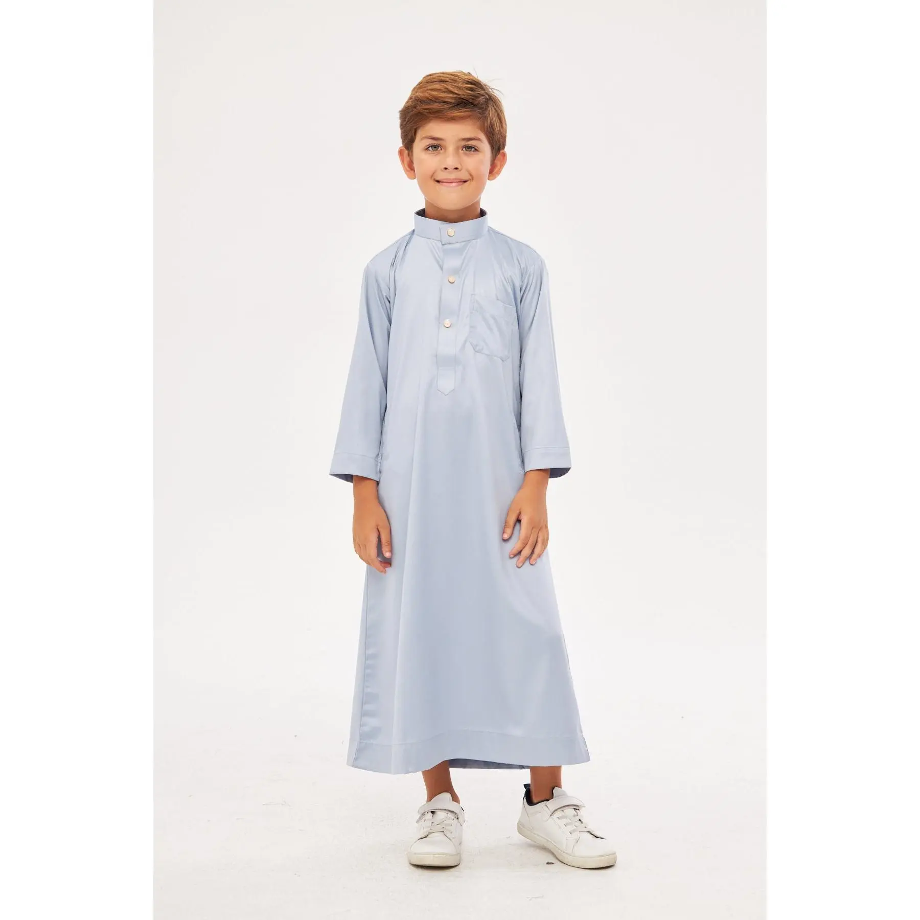 Malik Collar Thobe w/ Gold Buttons Boys - Light Gray