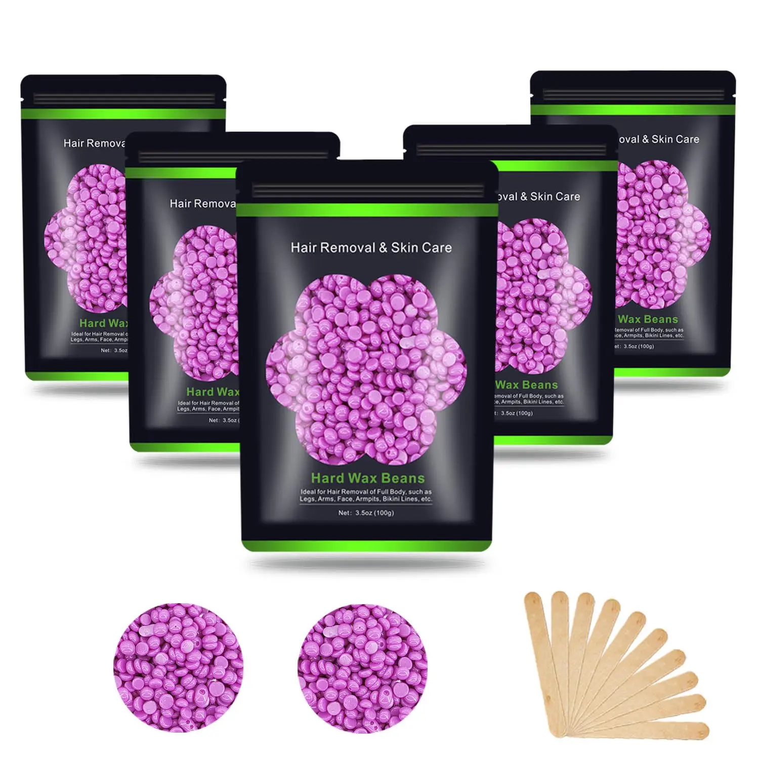 Wax Beads for Hair Removal 1.1 lb (17.6 oz), Hard Wax Waxing Beads Kit for Sensitive Skin Brazilian, Face, Bikini, Eyebrow, Legs, Painless for Women Men, 5 packs with 10 Sticks