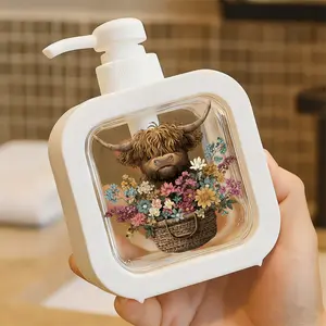 Creative Bathroom Dispenser with Hand Pump - Whimsical Highland Cow & Colorful Floral Basket Art, Brown Fur Cow & Vibrant Blue/Pink/Yellow Flowers, Pastoral Black Background Design, Perfect for Soap Lotion, Bathroom Decor Supplies