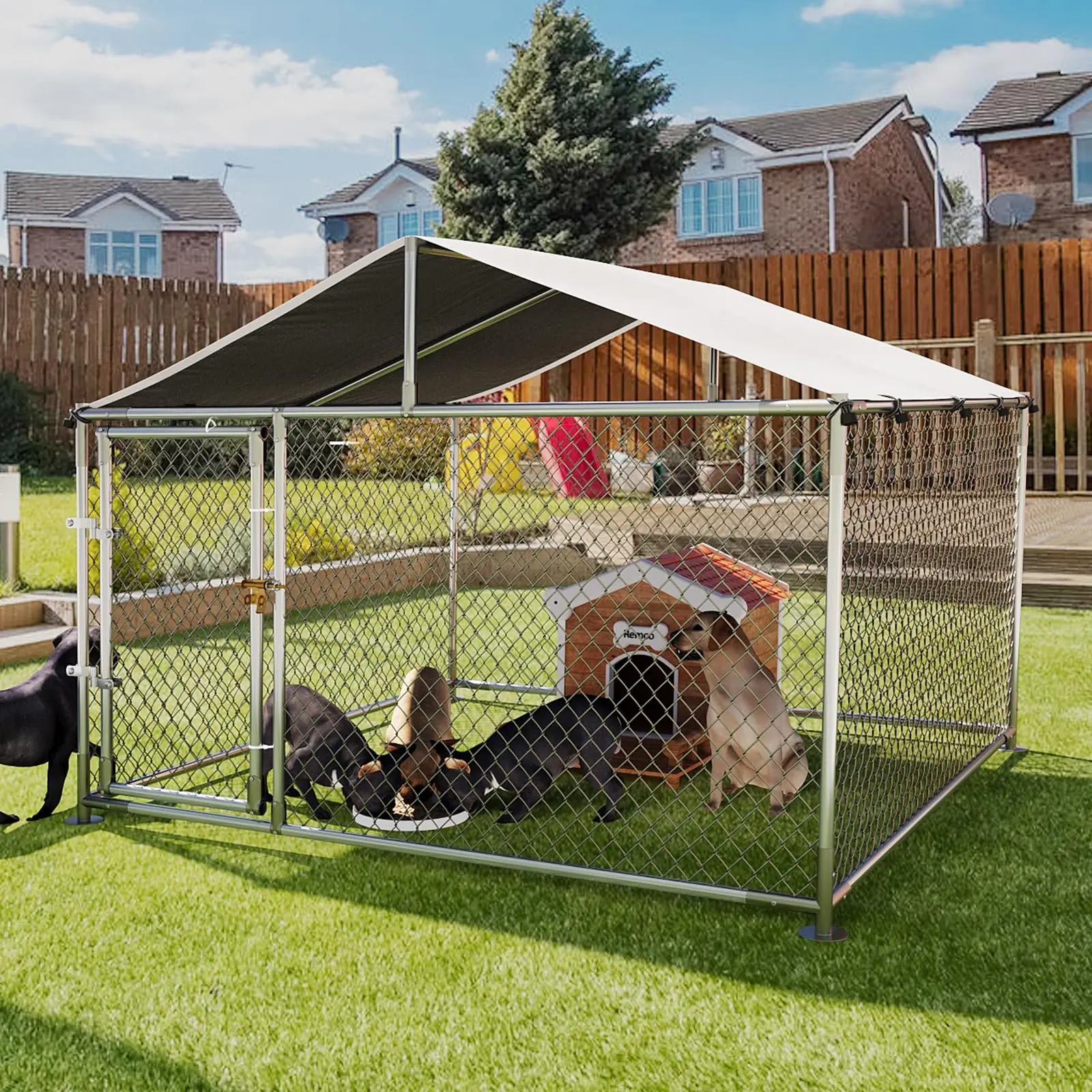 GAOMON Heavy-Duty Galvanized Steel Large Dog Kennel with Roof, Tool-Free Assembly, Large Space, Dual Lock System, Ground Anchors for Outdoor Farm Training, Mesh Weave, Rectangular