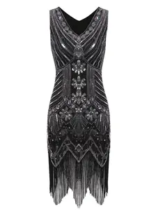 Women's 1920s Retro Shimmering Sequined V-Neck Sleeveless Knee-Length Lady's Formal Dress - Silver, Wine Red, Little Stretch, Elegant & Dramatic Evening Dresses, Formal Wear Clothes