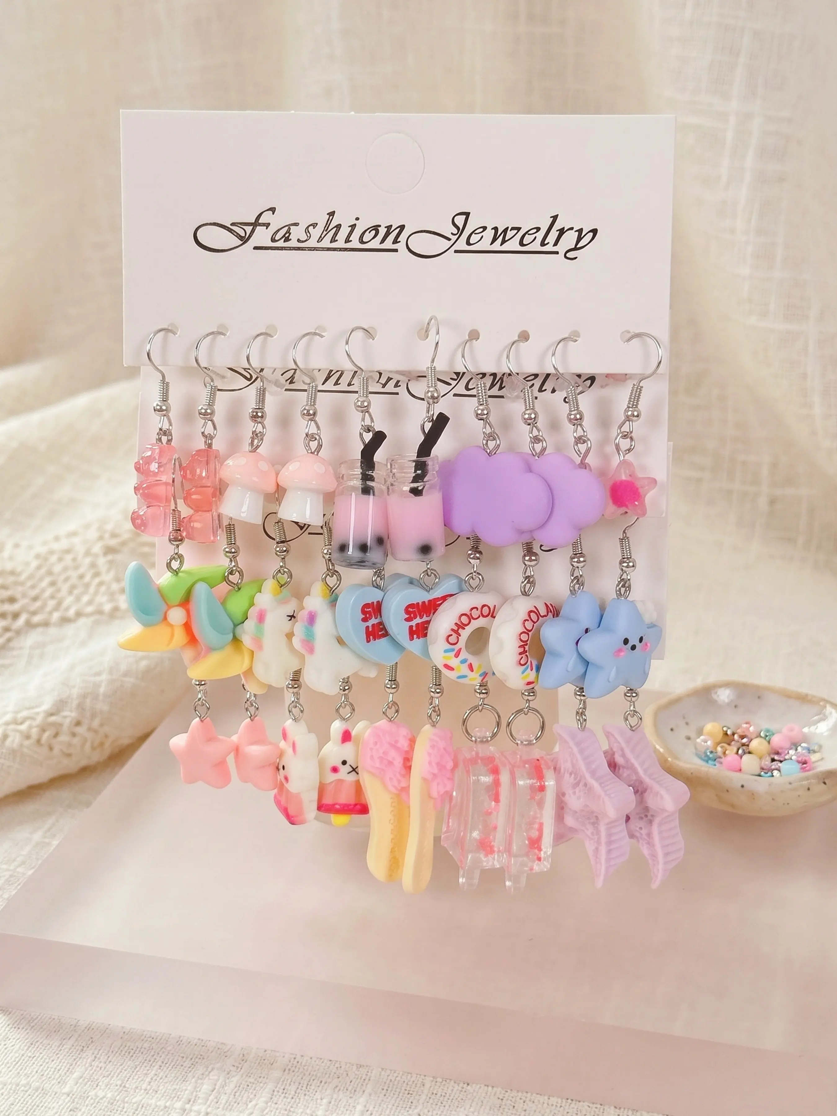 Trendy Sweet Cartoon Dangle Earrings Bulk, Fun Earrings, 30pcs Kawaii Bubble Tea Donut Star Cloud Unicorn Earrings, Y2K Daily Wear Jewelry for Women