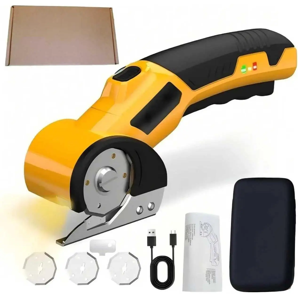 4V Cordless Electric Scissors - Heavy Duty Rechargeable Cutter with Safety Lock & LED Light for Cardboard, Fabric, Plastic, Carpet (Yellow)
