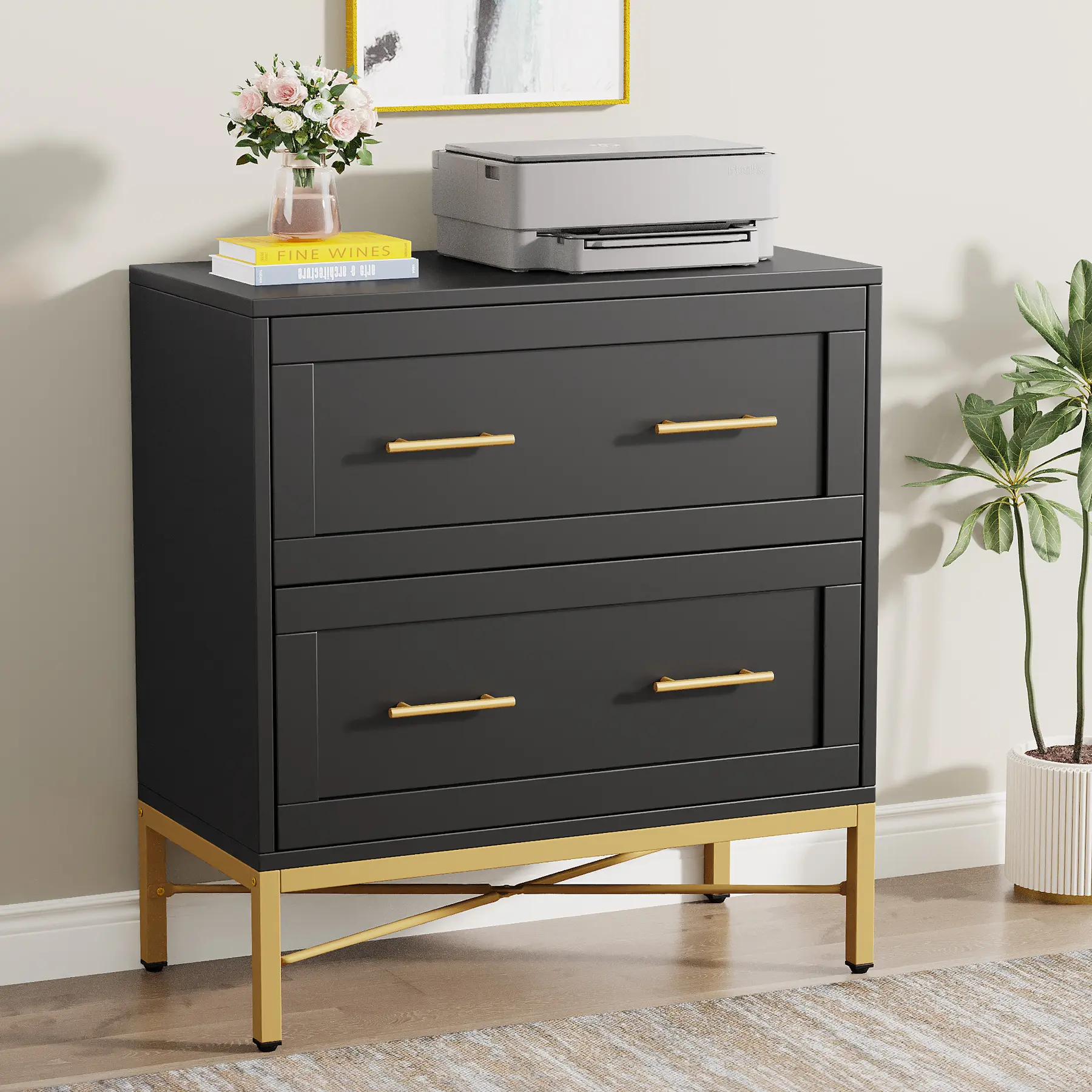 LITTLE TREE 2 Drawer File Cabinet, Modern Wood Lateral Filing Cabinet for Letter/Legal/A4 Size, Large File Storage Cabinets Printer Stand with Storage for Home Office