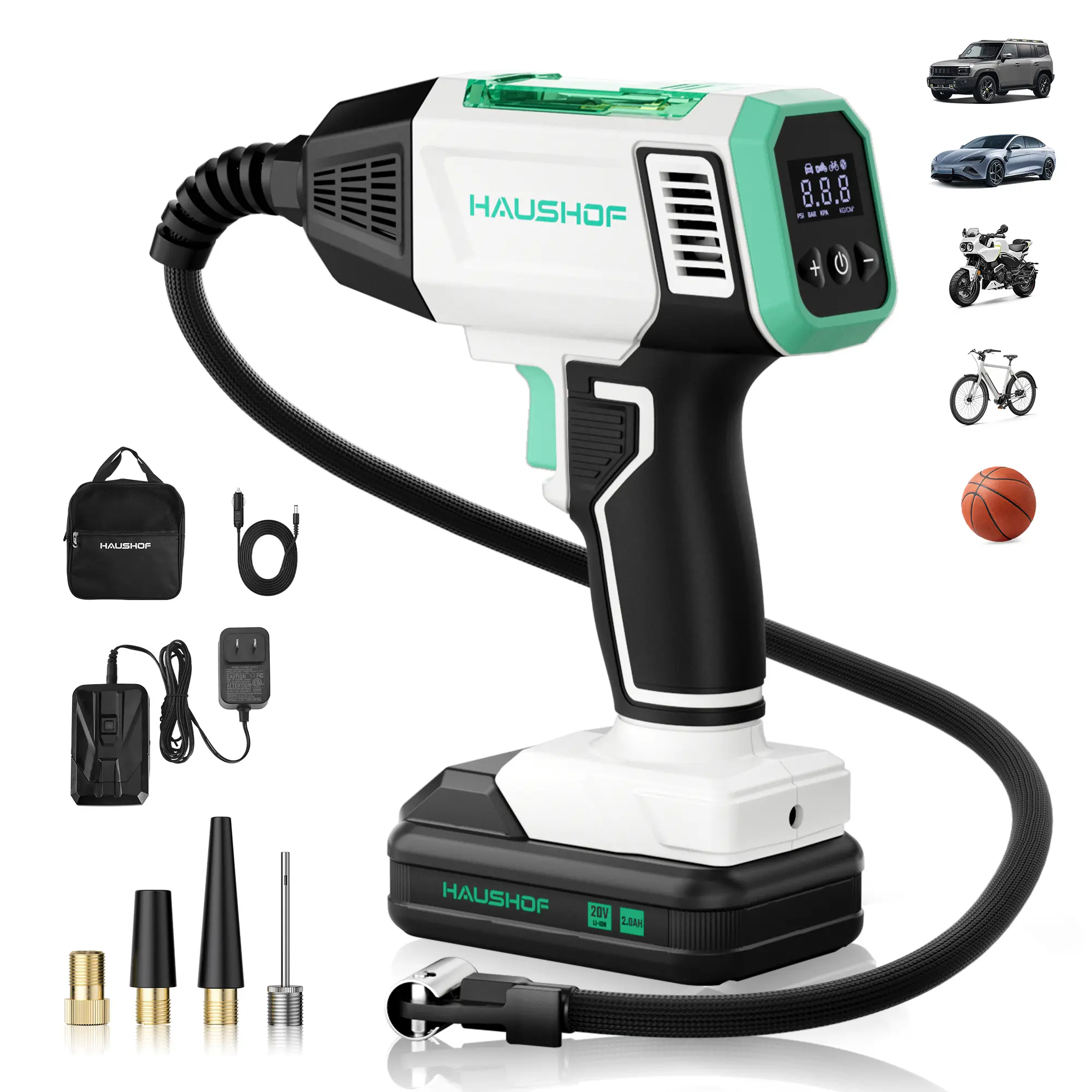 #backtoschool HAUSHOF Tire Inflator Portable Air Compressor, 150 PSI Cordless Air Pump with Digital Pressure Gauge, 20V Rechargeable Battery & 12V DC Power, Auto Shut-Off for Cars, Motorcycles, Bikes