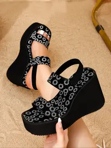 Women's Fashion Comfortable Outdoor Sandals, Peep Toe Wedge Stylish Thick Sole High Wedge Heels Slip-On Shoes, Perfect for Summer Wear, Ladies Footwear Collection, Open Toe Wedge, Thick Bottom Shoes
