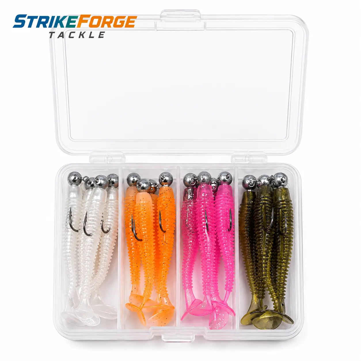 StrikeForge Tackle 16-Piece Pre-Rigged Paddle Tail Swimbait Kit, 2.76 in Soft Plastic Fishing Lures with Jig Heads, 4 Colors for Bass, Crappie, Walleye and Trout