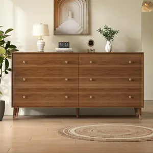 Messenya Mid Century Modern 6-Drawer Dresser, 55 Inch Wide Solid Wood Frame Chest, Walnut Finish, Beveled Design, Heavy-Duty Drawer Glides, Storage Cabinet for Bedroom, Living Room, TV Stand