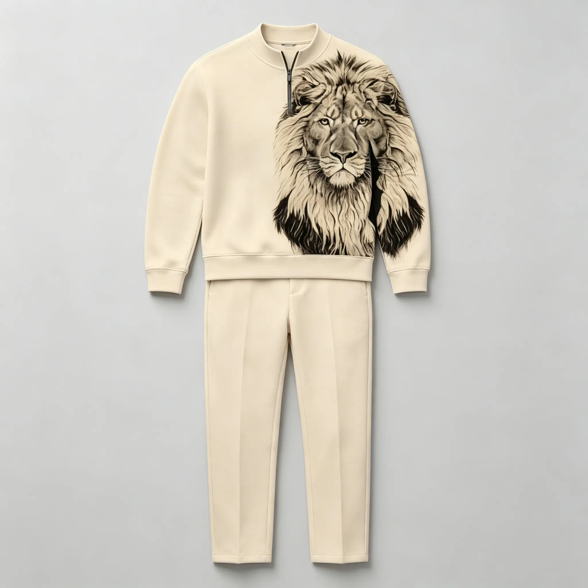 Men Khaki 2 Piece Casual Tracksuit Outfit, Half Zip Stand Collar Sweatshirt with Vintage Lion Ink Graphic Print, Soft Polyester Straight Leg Pants for Daily Weekend Streetwear