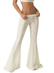 French Vintage Lace Flared Pants, All over Print, High Elasticity, Loose Fit, Drawstring Waist, Adjustable, Perfect for Vacation, Beach, Date Night, Party
