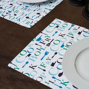 Chef Print Cotton Placemats 13 x 19 in 4/Pack 100% Cotton Tableware Set with 'Boil Chop Fry Cook' Design for Home & Gifts