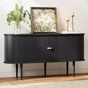 AMERLIFE 55" TV Stand with Solid Wood Legs, Mid Century Modern TV Console with Tambour Door, Dust-Proof Storage Cabinet for Living Room, Tv Shelf, Tv Cabinet Table