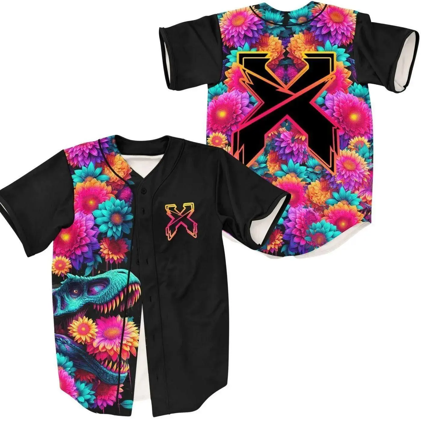 Excisi0n DJ Trippy Floral T-rex Rave 3D Baseball Shirt, Electronic Music Producer All Over Print Jersey, Edm Festivals Sport Team Outfit Game Day Uniform, Gift For Fan