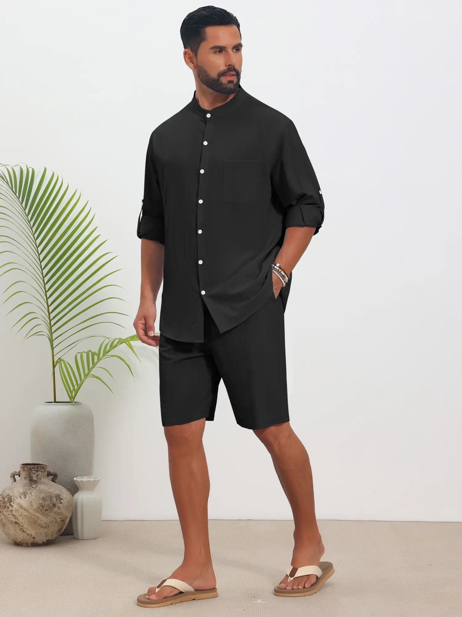 INSPIRE CHIC Men's 2 Piece Linen Set Casual Long Sleeve Henley Shirt & Shorts Summer Beach Vacation Outfits