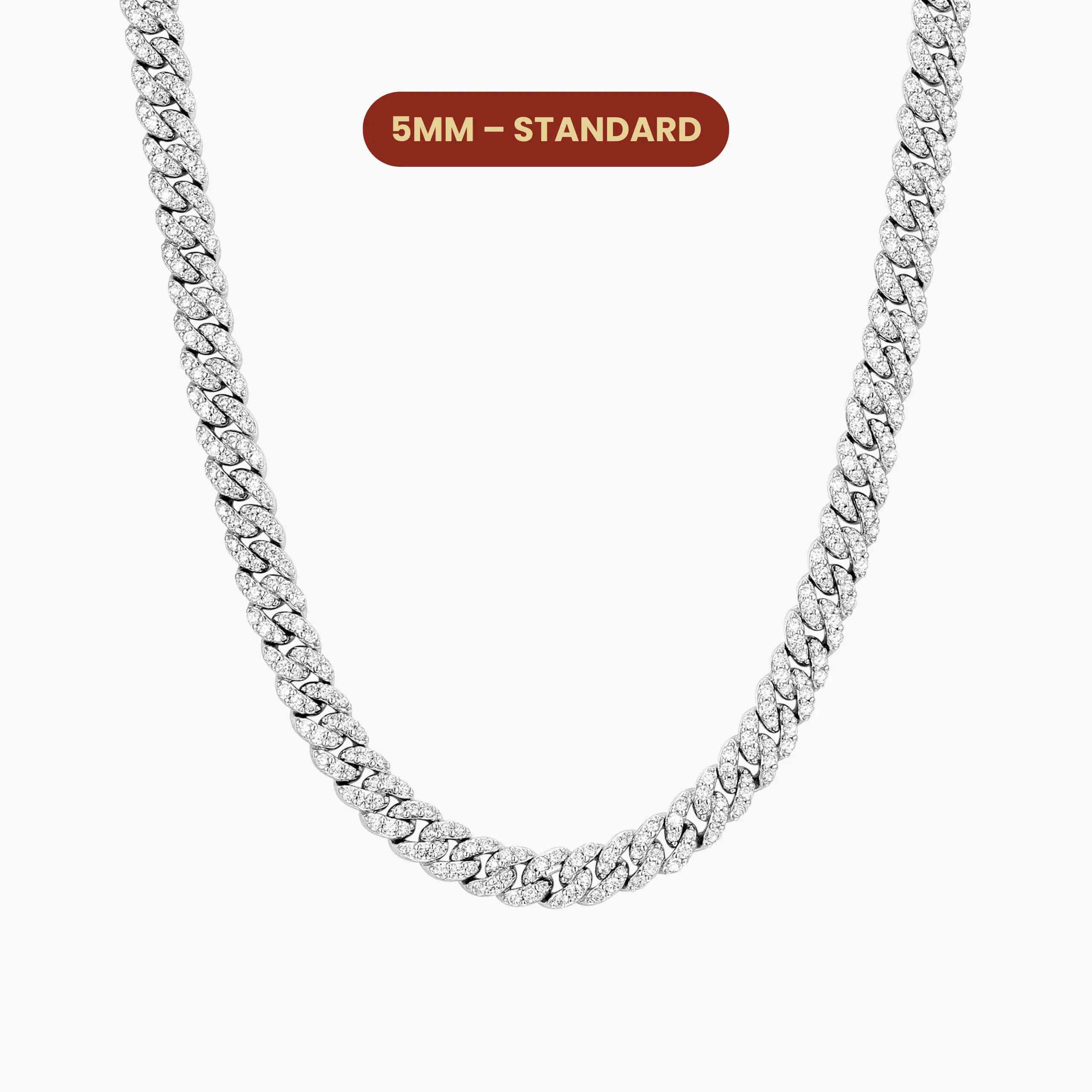 JAXXON Iced Out Cuban Link Chain 5mm - Silver - Rhodium Bonded for Shine & Durability - Box Clasp